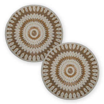 Polyester Embroidered Round Beaded Placemats Set of 2 Blue Handmade Decorative Table Mats for Christmas Decor