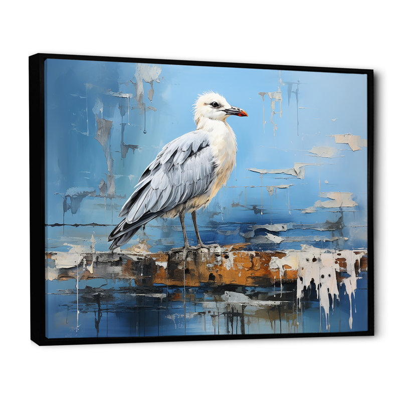 «White and Blue Seagull Tranquility», reproduction sur toile, Cadre flottant noir, 34" H x 44" W