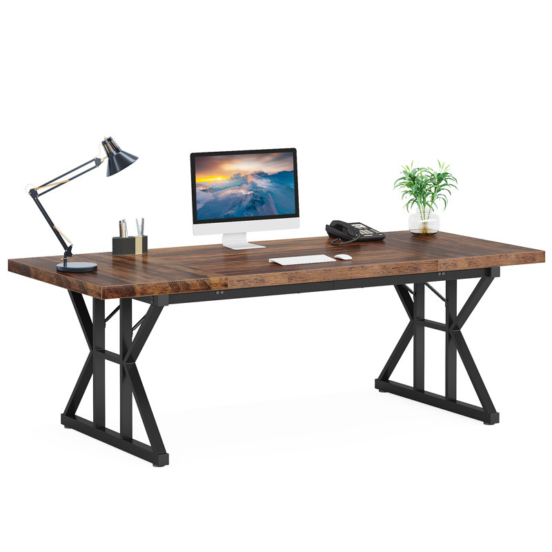 Metal Base Computer Desk, Brown, 75Cm H x 180Cm W x 80Cm D, Black