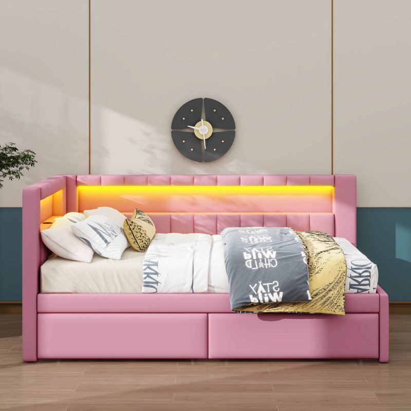 Lit plateforme simple entièrement rembourré avec ports USB, éclairage à DEL et tiroirs intégrés, Rose
