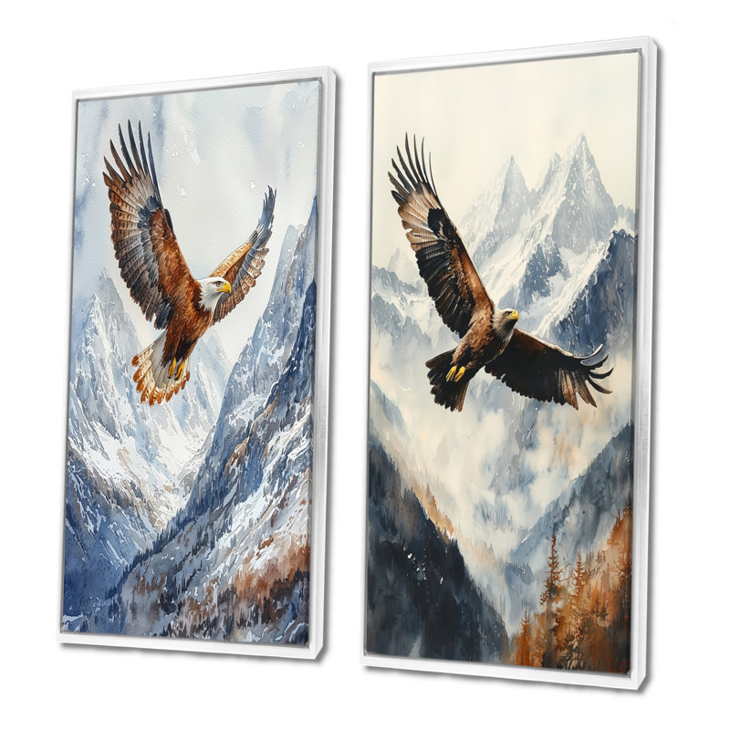 Aigle brun volant au-dessus de montagnes I - animaux, art mural 2 pièces, H 28 po x l 25 po, Cadre flottant blanc