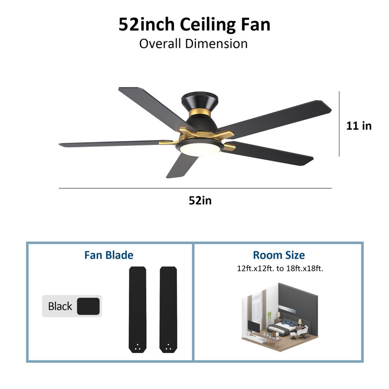 52" Smart Ceiling Fan with Light, Black, Black