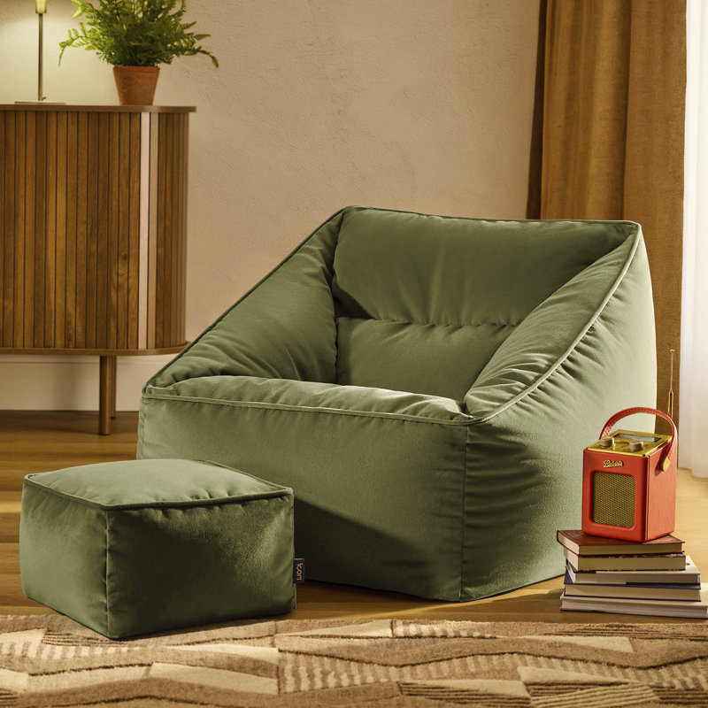 icon Natalia Velvet Adults Bean Bag Armchair and Pouffe, Ready Filled Large Beanbag and Footstool Forest Green, Olive Green