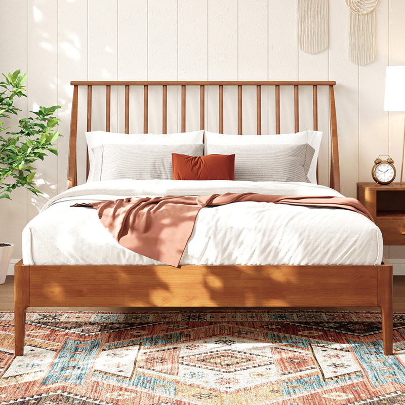 Solid Bamboo Wood Spindle Platform Queen Bed with 46.5" Tall Headboard, Bohemian Bed Frame with Wooden Slats and Metal Support, Mid-Century Modern Style,No Box Spring Needed,Warm Brown