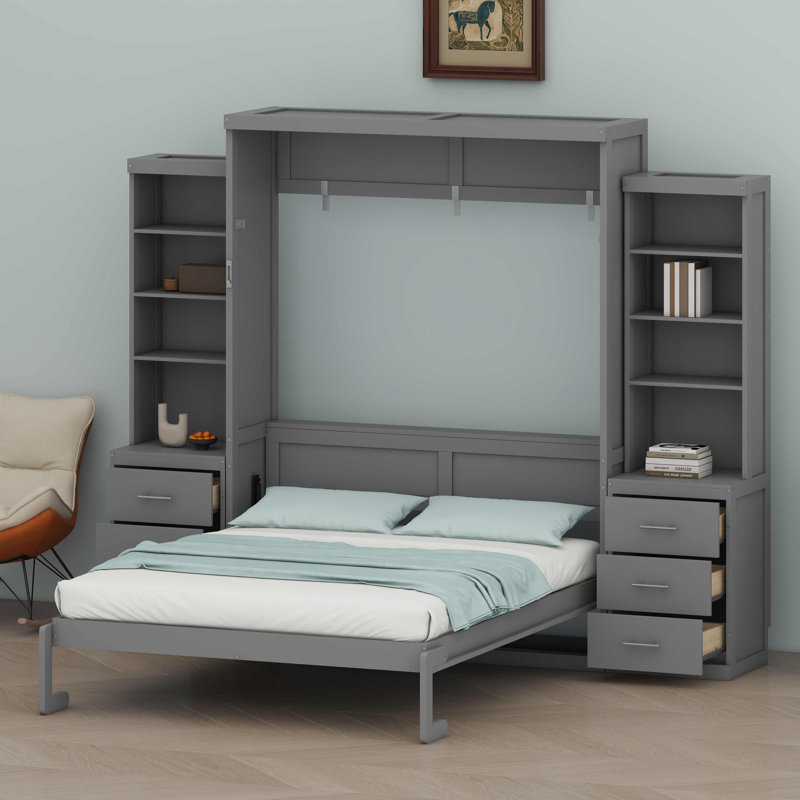 Lit escamotable peu encombrant conçu avec des tablettes de rangement intégrées et des tiroirs pratiques, Gray