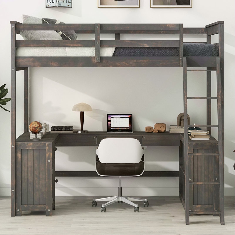 Lit mezzanine avec bureau en U, tiroirs et tablettes de rangement, Lit double, Brun