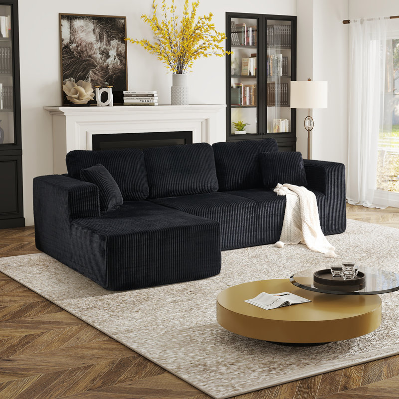 Boneless Modern Overstuffed Compression Corduroy L-Shaped Sectional Sofa With Chaise For Living Room - No Need Assembly