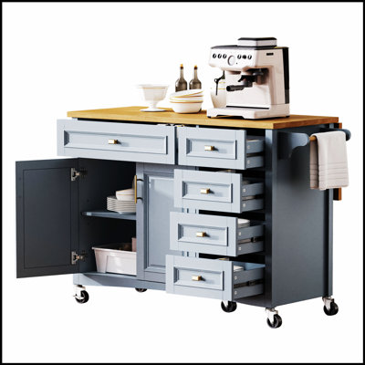 Vintage-Style 52 Inch Kitchen Island With Drop Leaf, Spice Rack, And Multiple Storage Options On Wheels For Enhanced Functionality
