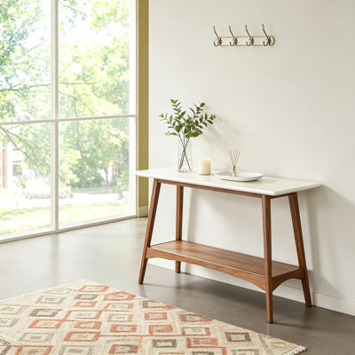 Console de salon Parker, table d'appoint Mid-Century en bois massif avec finition bicolore et tablette de rangement inférieure, blanc cassé et pacane