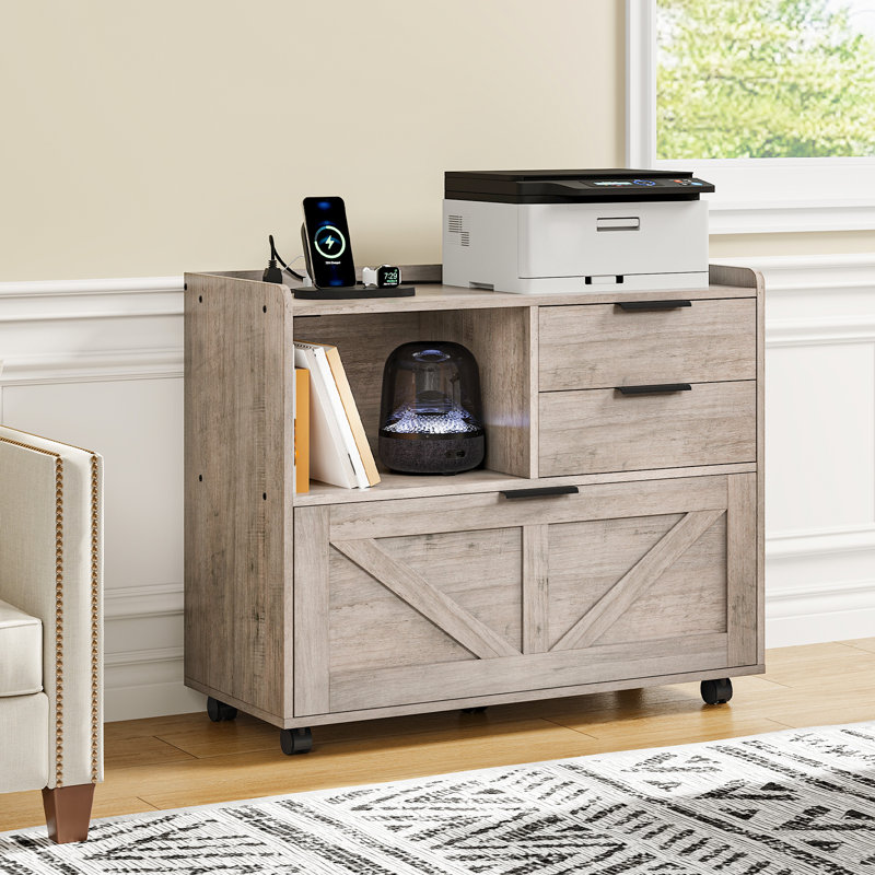 31.5'' Wide Mobile File Cabinet with Storage and Charging Station, Gray