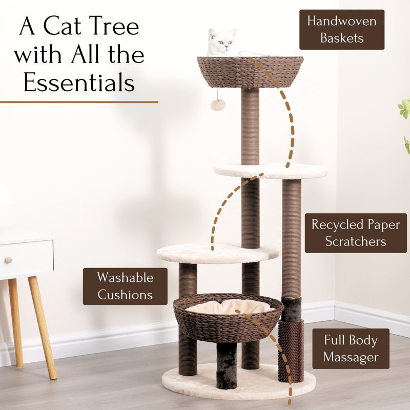 PetPals 48.5" Brown and White Sisal Cat Tree with Plush Perches