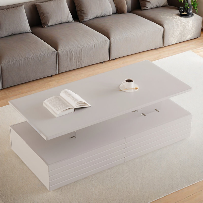 Modern Rectangular Coffee Table With Led Lights, 2 Drawers And Open Storage Shelf, White