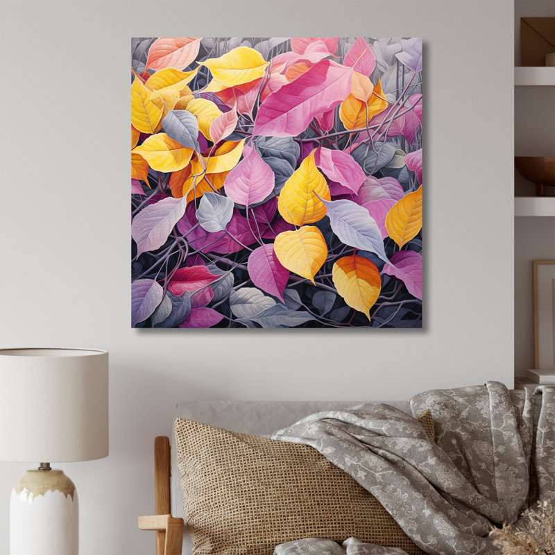 Feuilles roses et jaunes en hiver, Toile tendue, 16" H x 16" W