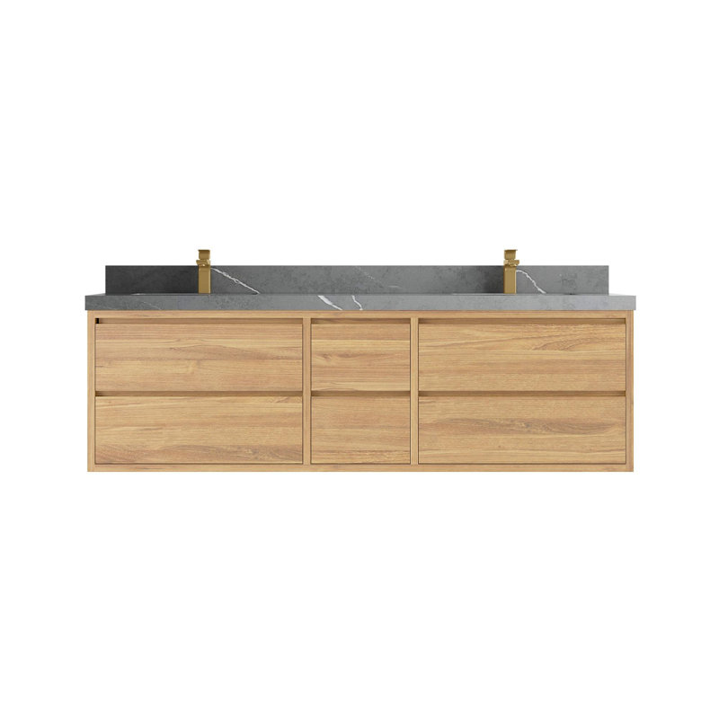 Meuble-lavabo double flottant en teck Madison, Gris Piatra