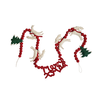Wool Felt Ball Garland with Reindeer, Trees "Merry Xmas" in Red and White and Green