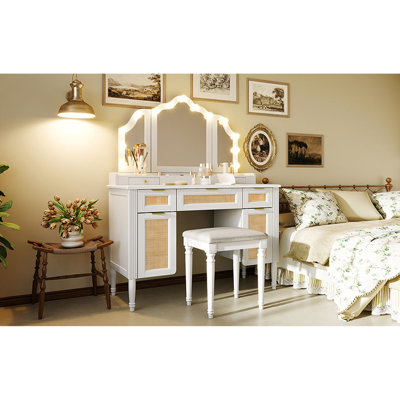 44.37" Makeup Vanity Desk with Stool Set, 13 Hollywood Bulbs & 3 Lighting Modes Dressing Table, Tri-Fold Mirror Large Vanity Table with Cushioned Stool, Charging Station, Ample Storage, White