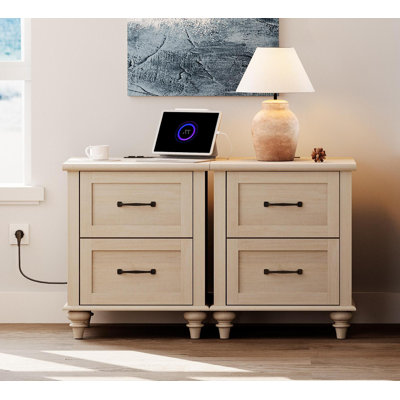 Nightstands With Charging Station, Side Table With Two Drawers, Beige
