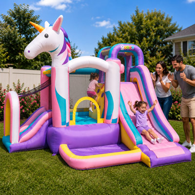 Pogo Bounce House Backyard Kids 7-In-1 Inflatable Bounce House With Slide, Pink Unicorn
