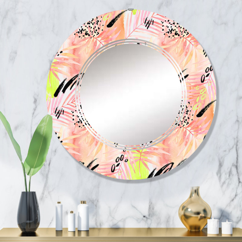 Feuille de palmier rose - éléments graphiques rétro - miroir mural à motif rond, 32 po x 32 po