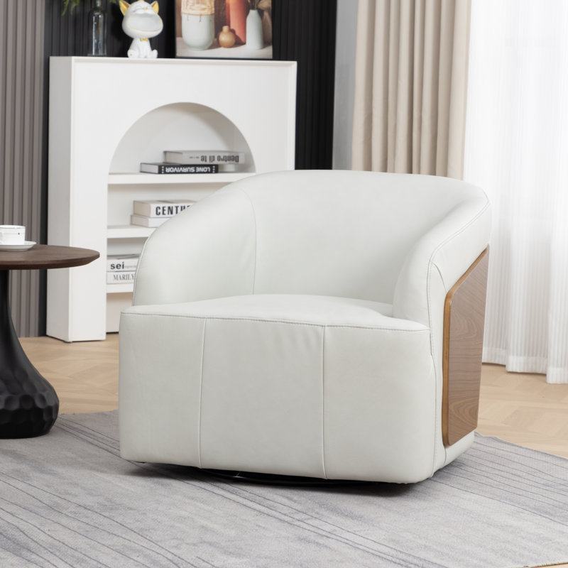 Fauteuil demi-tonneau pivotant en cuir véritable, Blanc