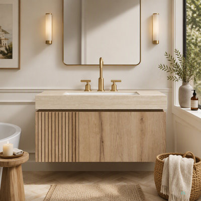 MURI 36" Bathroom Vanity & Sink, Floating Plywood Storage Cabinet With Drawer & Door, Roma Travertine Sintered Stone Top & Ceramic Basin With 3 Pre-Drilled Faucet Holes, Pre-Assembled