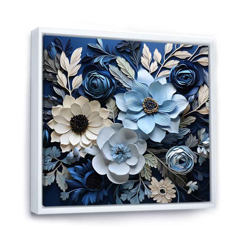 Aquarelle de fleurs saisonnières bleues et blanches sur toile, H 36 po x l 36 po x P 1,5 po, Cadre flottant blanc