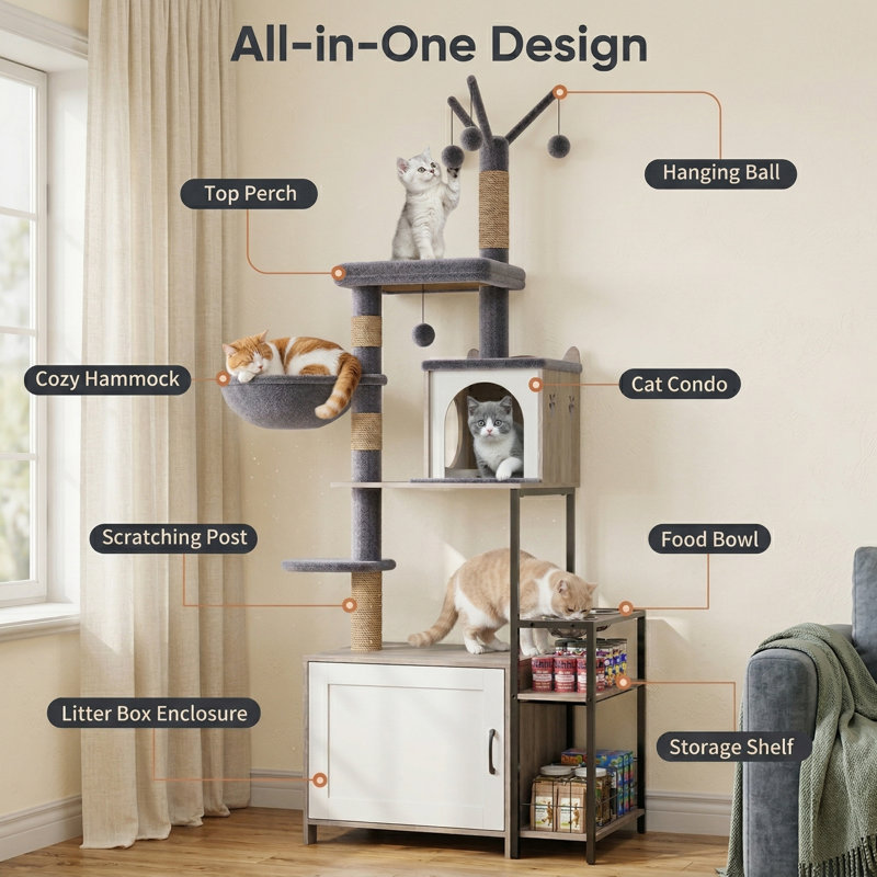 Multi-Level Cat Tree with Food Station & Litter Box Enclosure, Sisal Scratching Posts, Plush Hammock, Grey