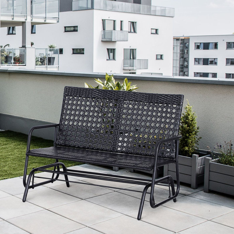 Outsunny Patio 2-Person Wicker Glider Bench Rocking Chair, Outdoor All-Hand Woven PE Rattan Loveseat W/ Ergonomic Design Rocking System For Patio, Garden, Porch, Lawn, Black