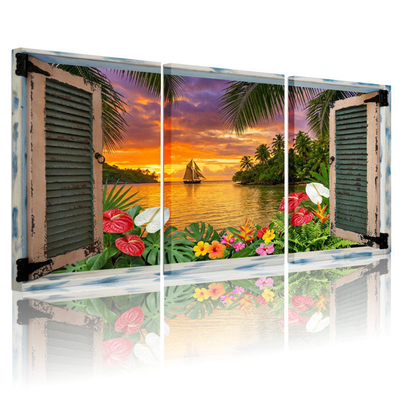 Paysage, nature, coucher de soleil tropical, voilier, palmiers, fleurs, fenêtre, vue, H 18 po x l 36 po
