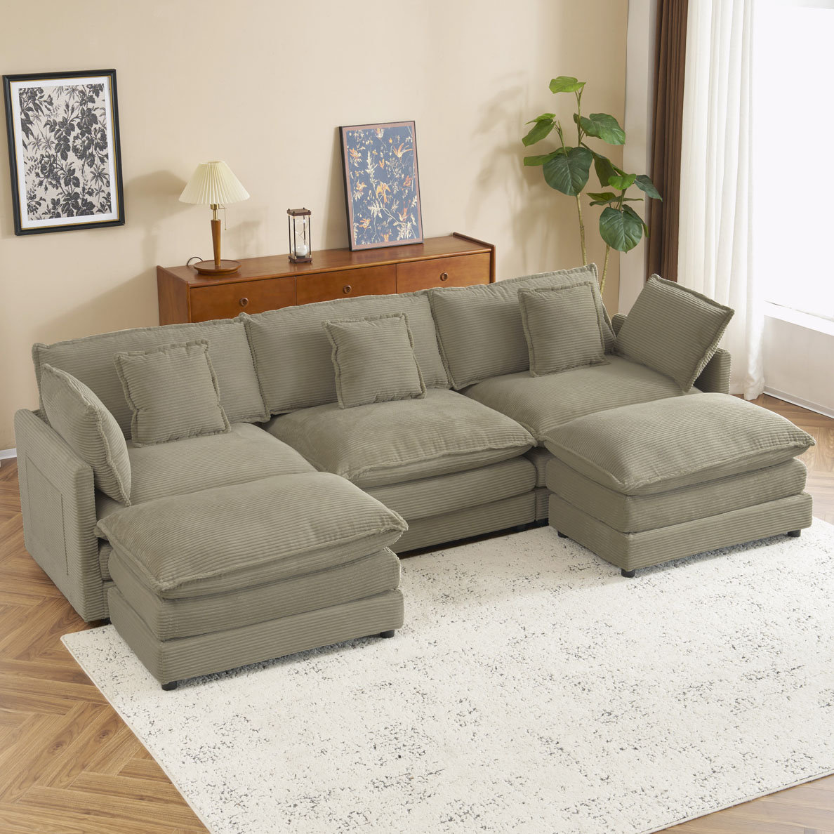 Latitude Run® Corduroy Modular Sofa with Ottoman Side Storage Pockets ...