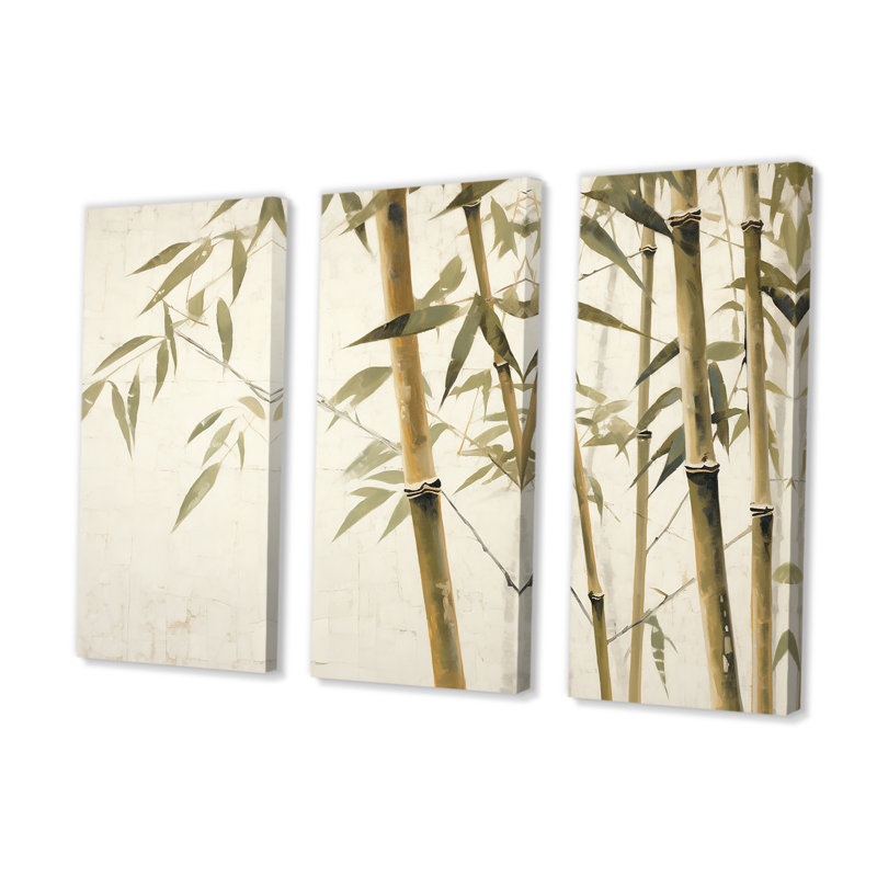 Beige minimalisme bambou sérénité II - ensemble d'art sur toile en bambou, Toile tendue, H 32 po x l 48 po x P 1 po