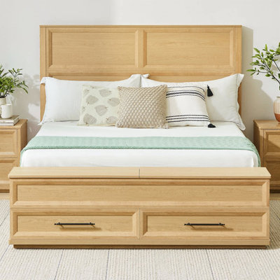 Structure de lit plateforme grand avec tête de lit géométrique 3D, 4 tiroirs sous le lit et banc de rangement, fabrication moderne en bois massif, capacité de 1000 lb, ensemble de mobilier de chambre peu encombrant