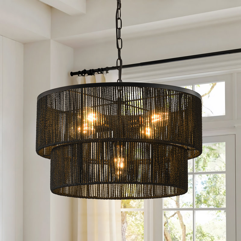 Luminaire suspendu tambour en rotin 5 niveaux, Noir satiné