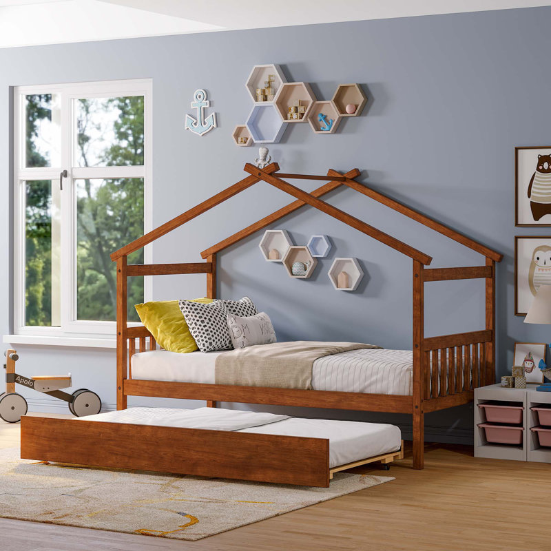 Saunderton Wooden House Bed with Trundle, Walnut, Full