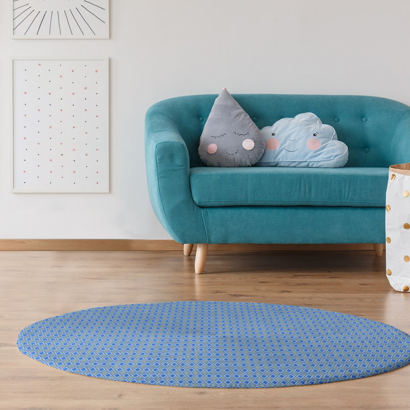 Tapis bleu à carreaux géométriques, Rond 5 pi