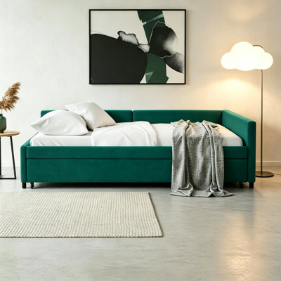 Modern Velvet Upholstered Full Size Daybed with Twin Size Trundle Bed, with Charging Station and Small LED Night Light