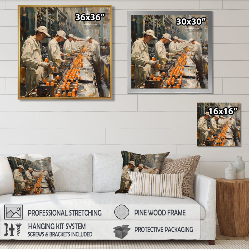  «Orange White ligne d'assemblage Factories II - usines d'art mural», Toile avec cadre flottant brun