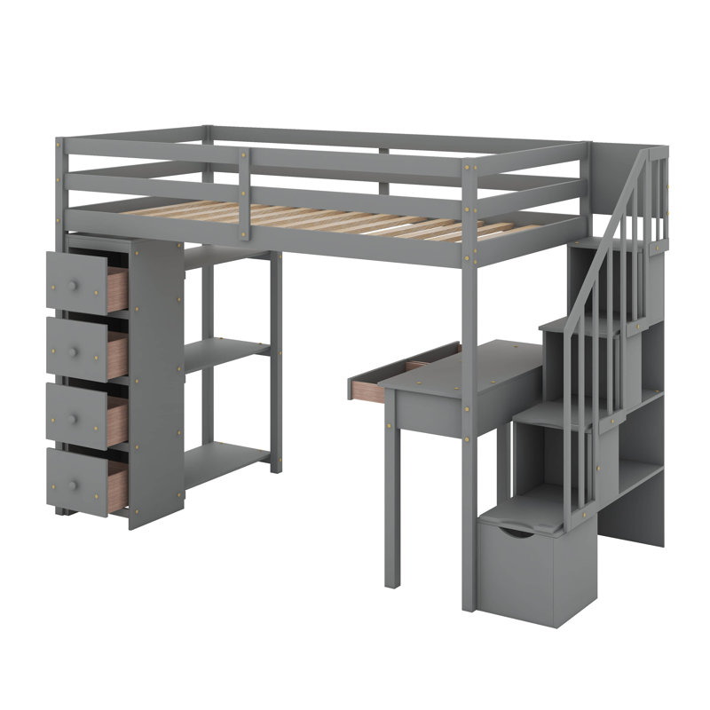 Twin Loft Bed With Drawers,Desk And Stairs, Gray