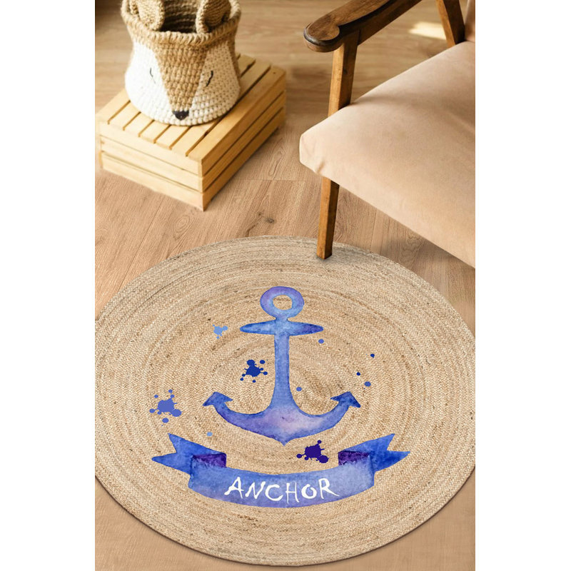 Tapis beige / bleu en jute tissé à la machine Burrell, Rond 3 pi 11 po