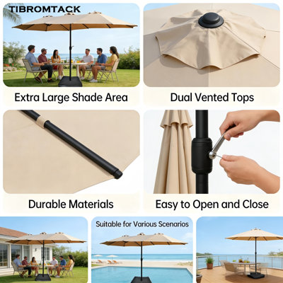 15 x 9 ft Large Double-Sided Rectangular Outdoor Patio Umbrella with Crank, LED Light and Base, Taupe