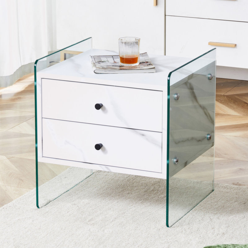 Double-Drawer Bedside Table.The Board Surface Is MDF With White Grain Sticker, And Both Sides Are Tempered Glass. The Design Is Simple And Elegant, With Excellent Storage Functions.W1512P285050