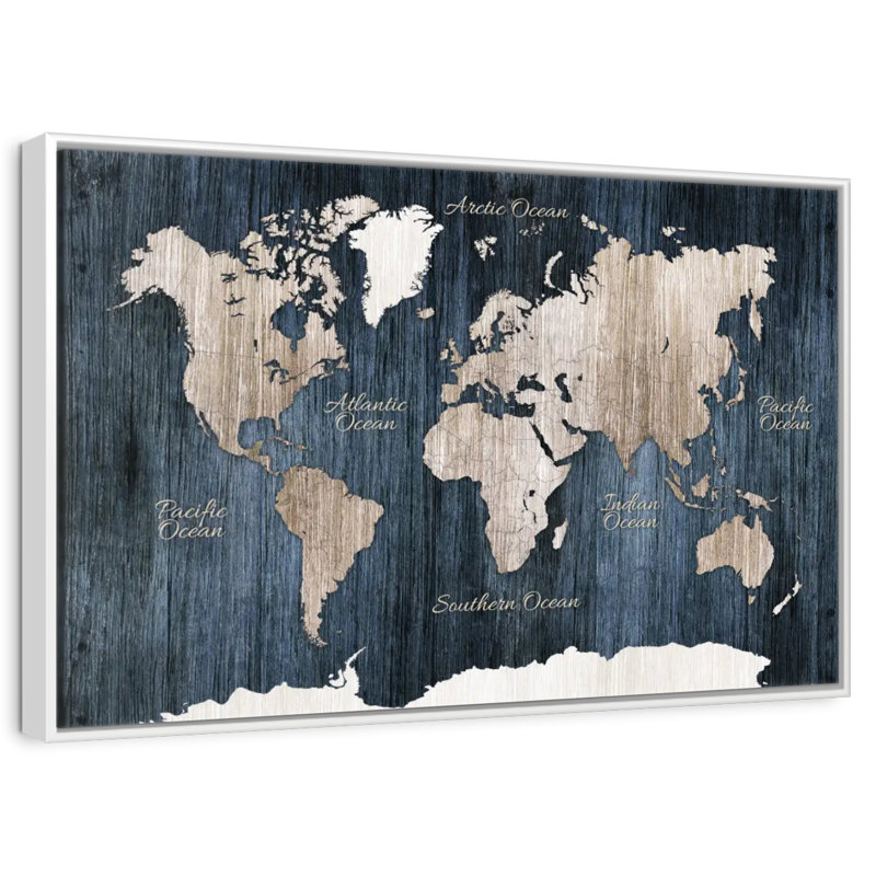 Carte du monde en bois vieilli, Cadre flottant blanc, 31 po x 21 po