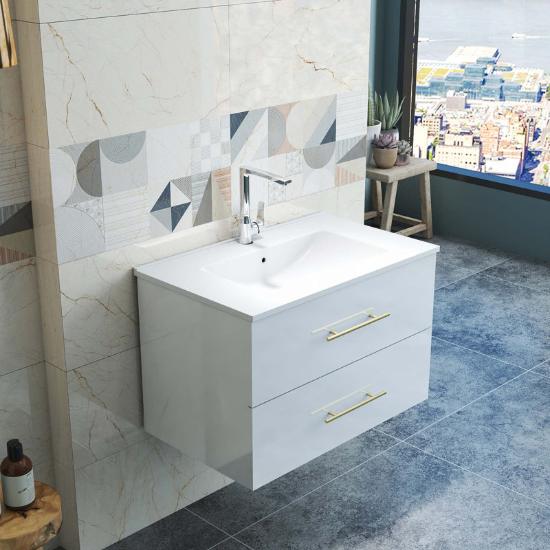 Meuble-lavabo mural brillant avec miroir, 30", Blanc lustré, Doré
