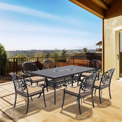 7-Piece Cast Aluminum Patio Furniture Set With Black Frame And Brown Cushions