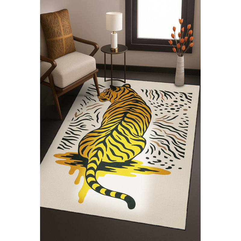 Tapis tissé crème à imprimé tigre Mosso, 4'11" x 7'7"