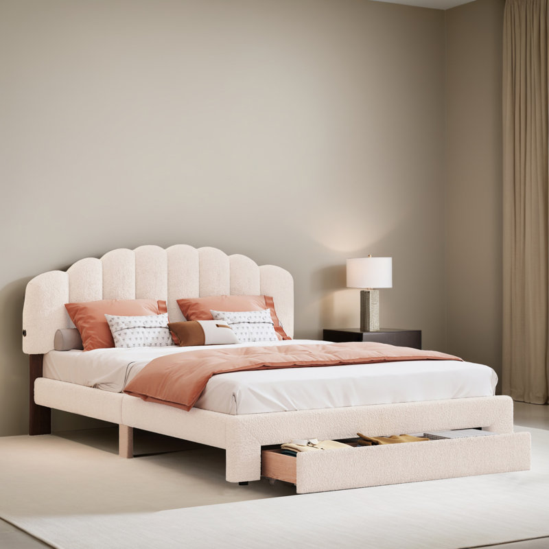 Cadre de lit plateforme grand tapissier avec tiroir, Beige