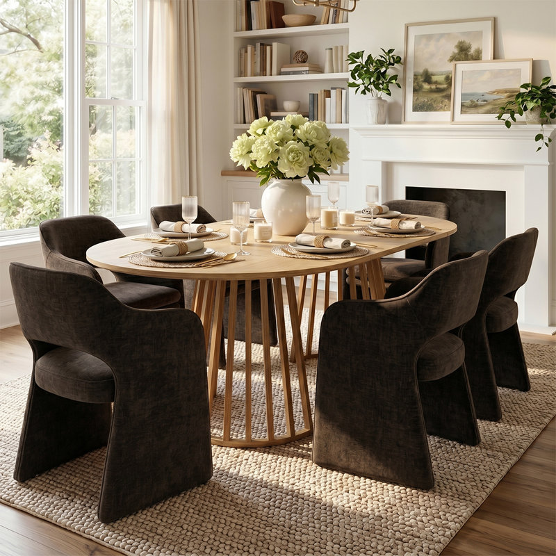 6- Person Dining Table Sets With Extendabe Oval Table & 6 Upholstered Fabric Dining Chairs, Brown