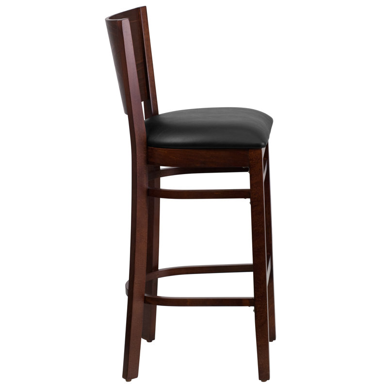 Claridge Solid Back Wooden Restaurant Barstool, Vinyl-Black, Walnut, 2