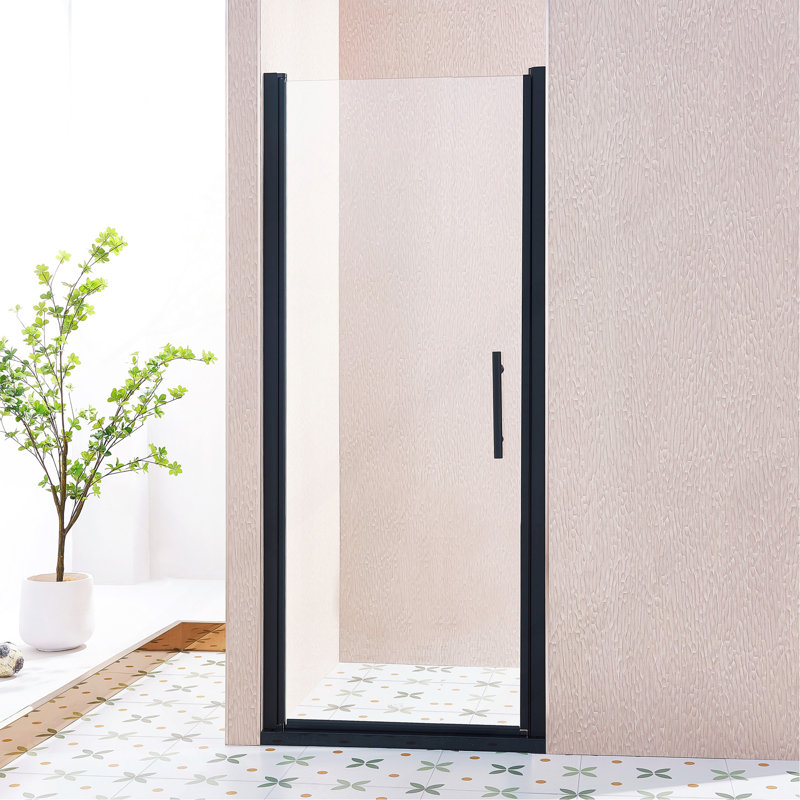 Porte de douche pivotante simple 32 po x l 75,5 po x H 75 po, alliage d'aluminium noir mat, verre trempé clair de 1/4 po (6 mm) d'épaisseur.