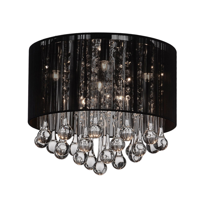 Plafonnier encastré chromé 6 lumières 14 po et abat-jour noir avec gouttes de cristal, Noir